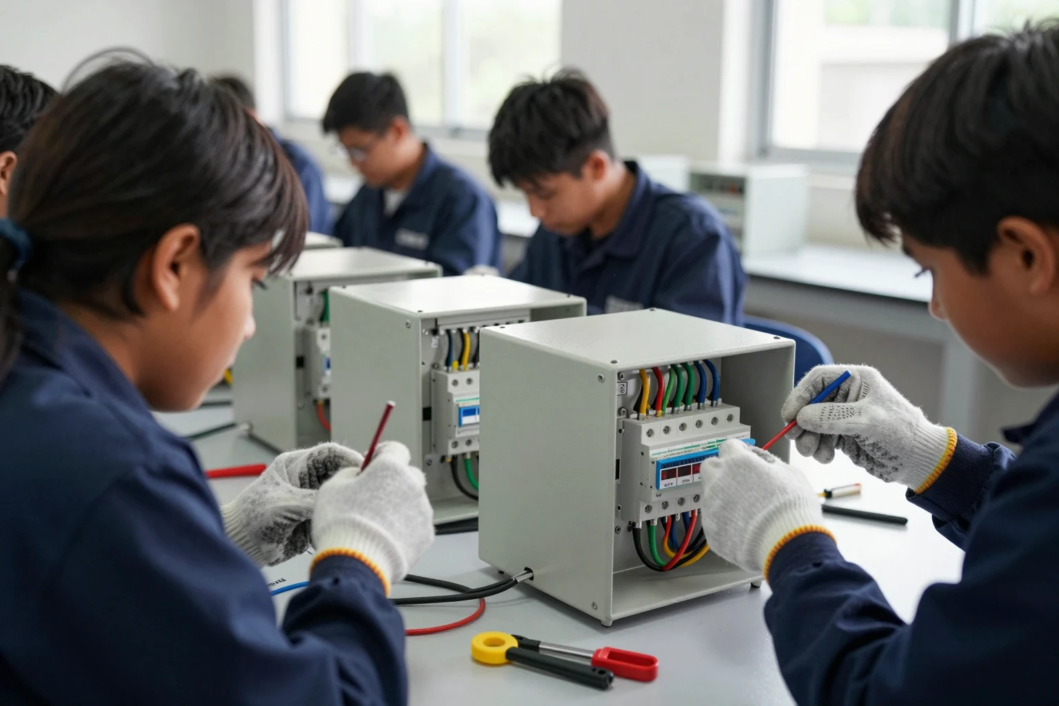 Práctica de cableado en un taller técnico.