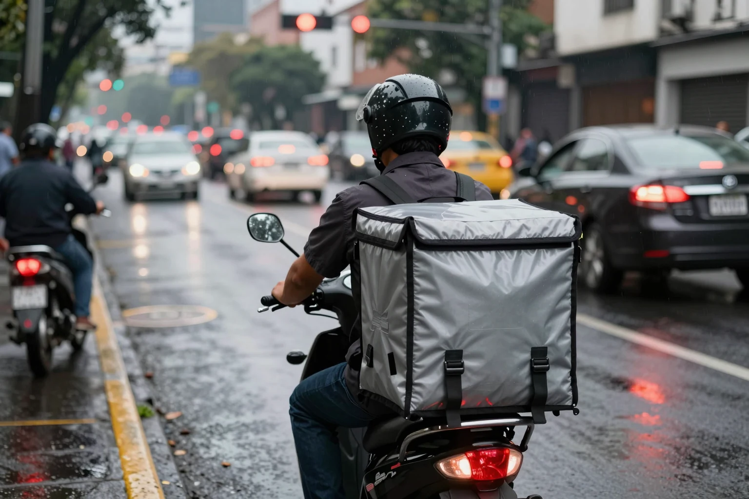 Un repartidor en motocicleta espera en un semáforo.