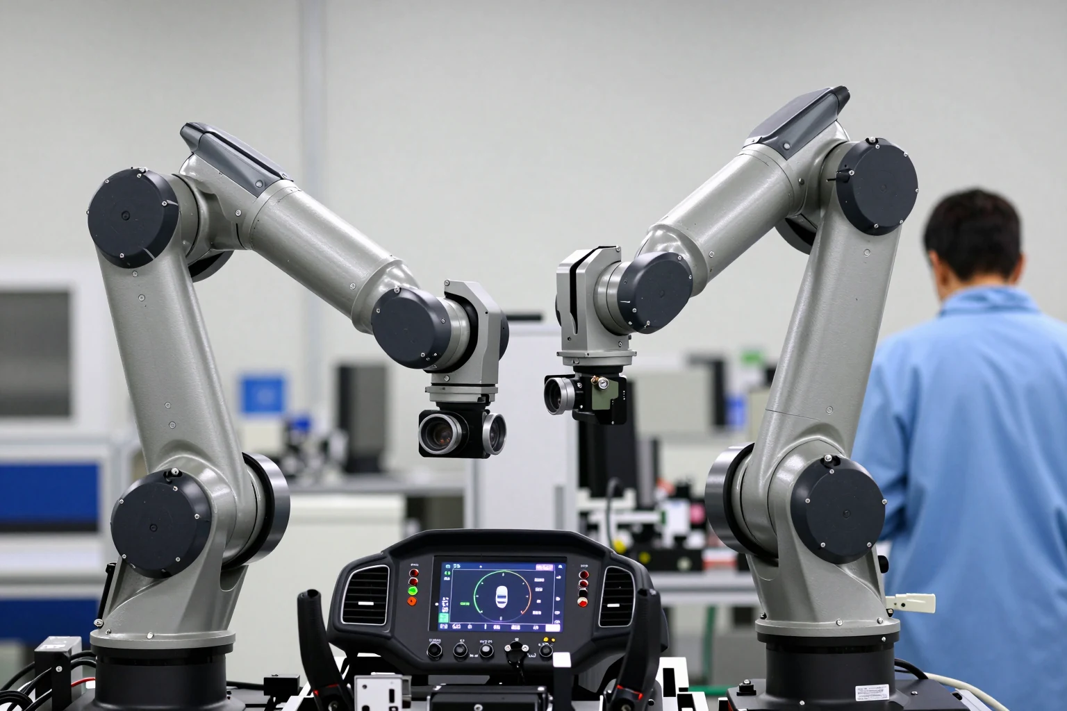 Brazos robóticos con cámaras revisan un tablero digital para auto.