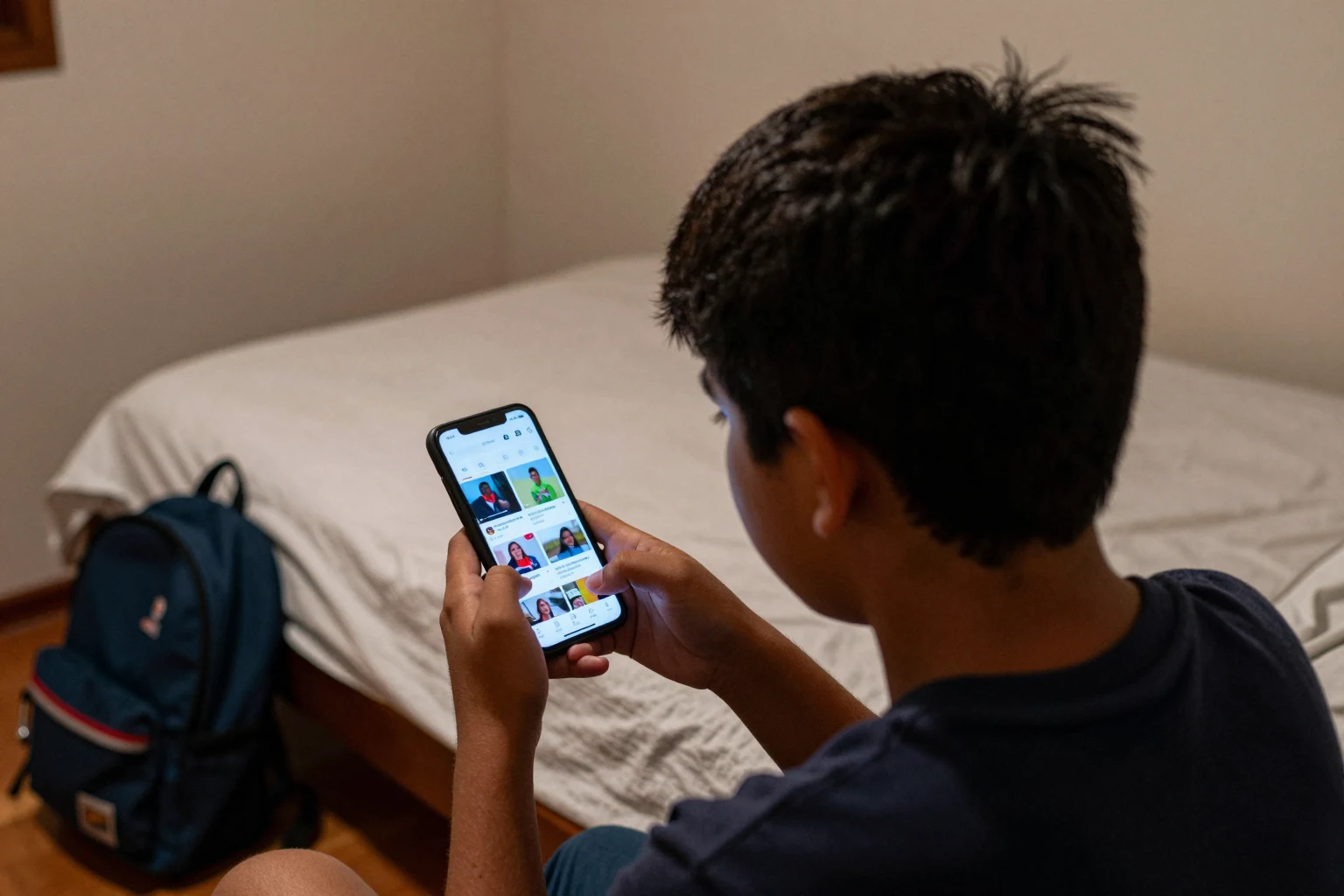 Un adolescente mira su teléfono en casa.