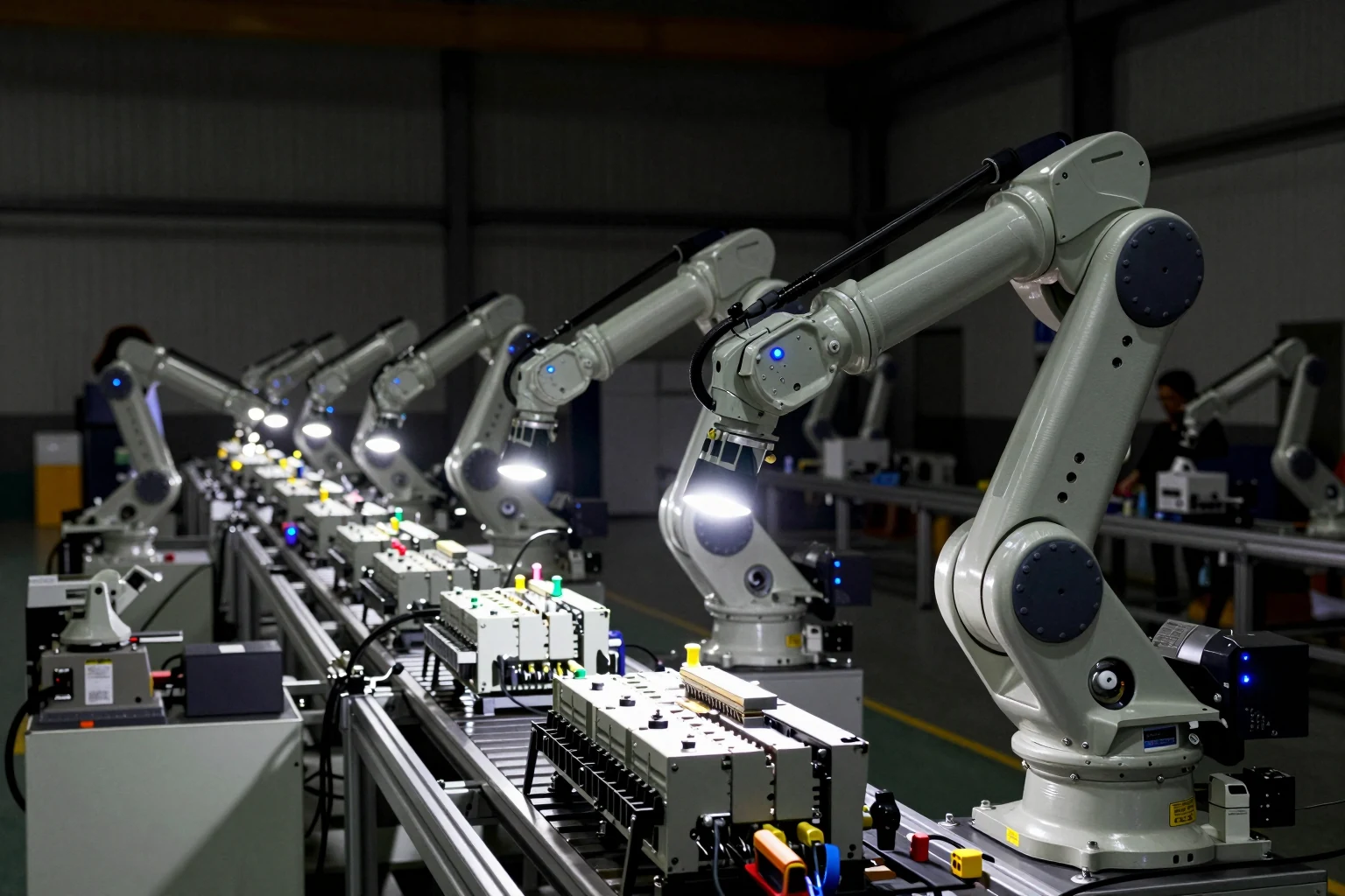 Brazos robóticos trabajan en una nave industrial casi a oscuras.