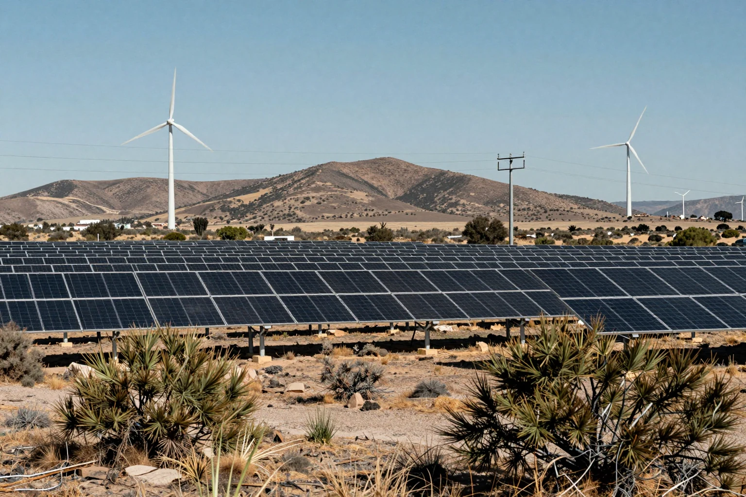 Un parque solar y aerogeneradores en el norte de México.
