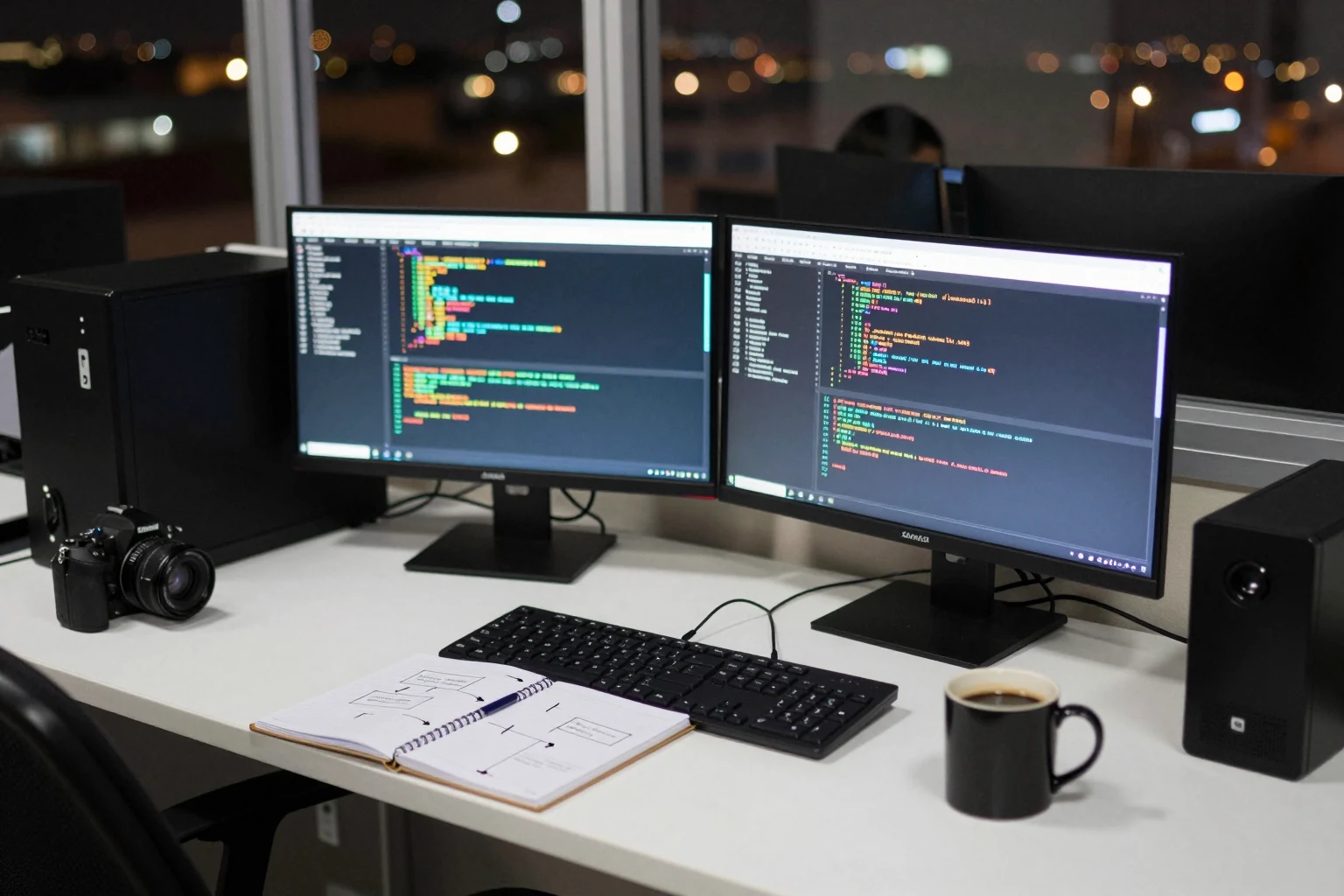 Un programador trabaja de noche en una oficina pequeña.